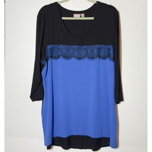 Chicos 3 Tunic Top Sz XL Blue Black Lace 3/4 Sleeve Soft Stretch‎ Dressy Comfort